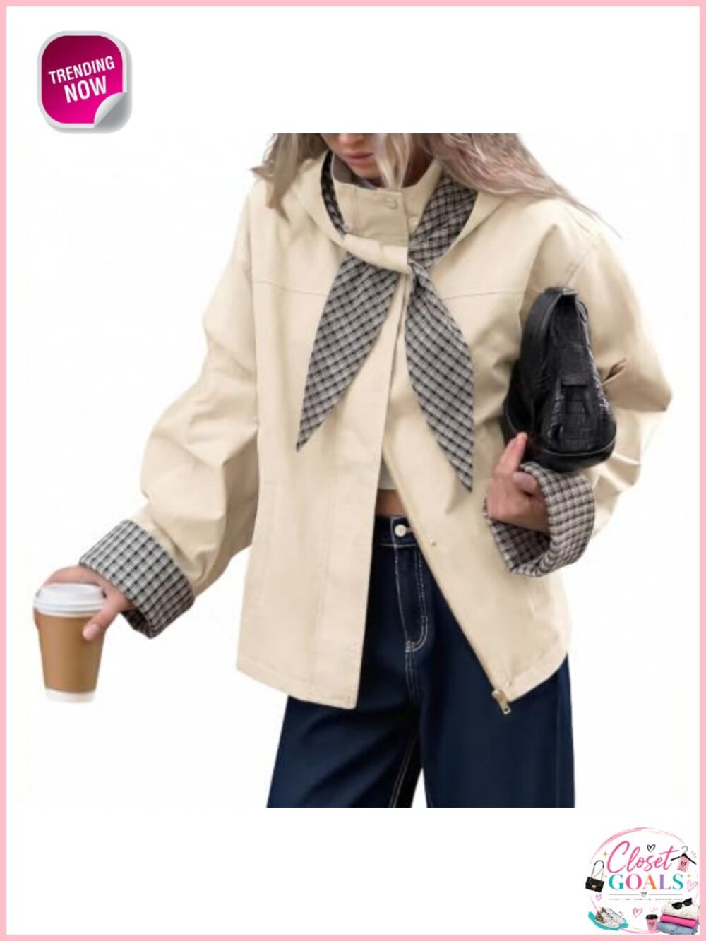 Cropped Trench Coat Fall Jacket Detachable Plaid Hood Lightweight